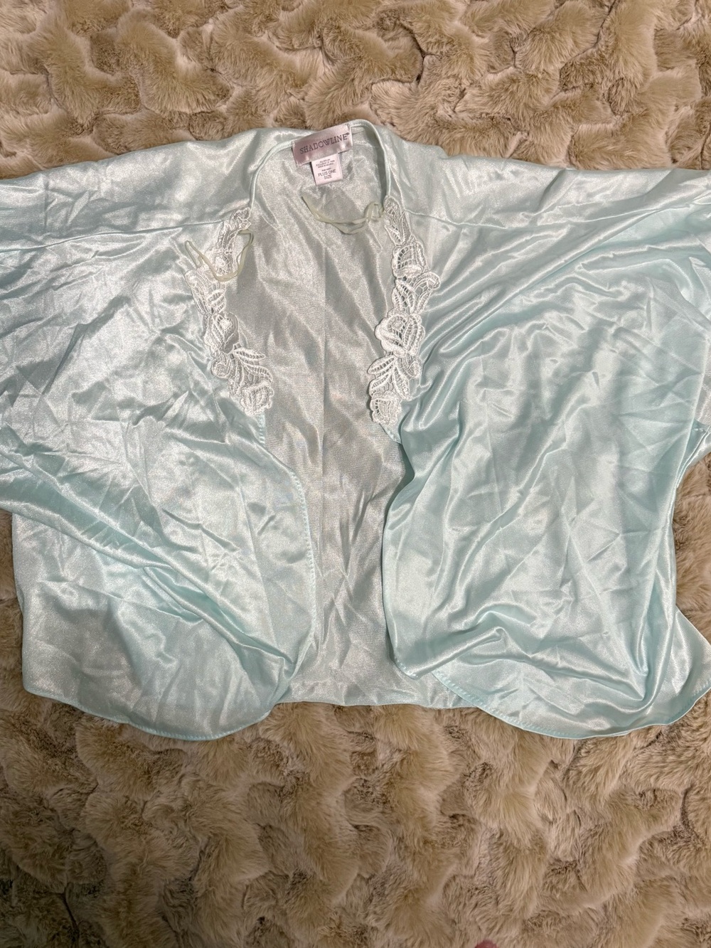 Shadowline light blue satin shawl with white lace trim